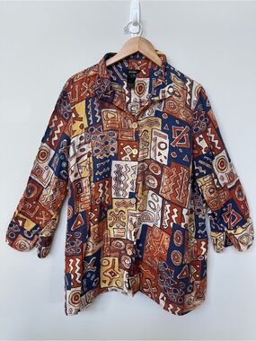 Ali Miles | Multicolor Button Front 3/4 Sleeve Tunic Top Western 90s Art to Wear